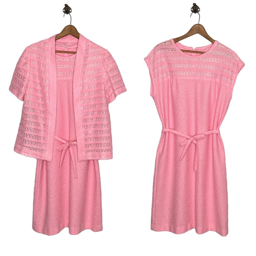 Vintage 70s Size 14 Pink Nubby Tweed 3 Piece Belt Cardigan Dress‎ Matching Set
